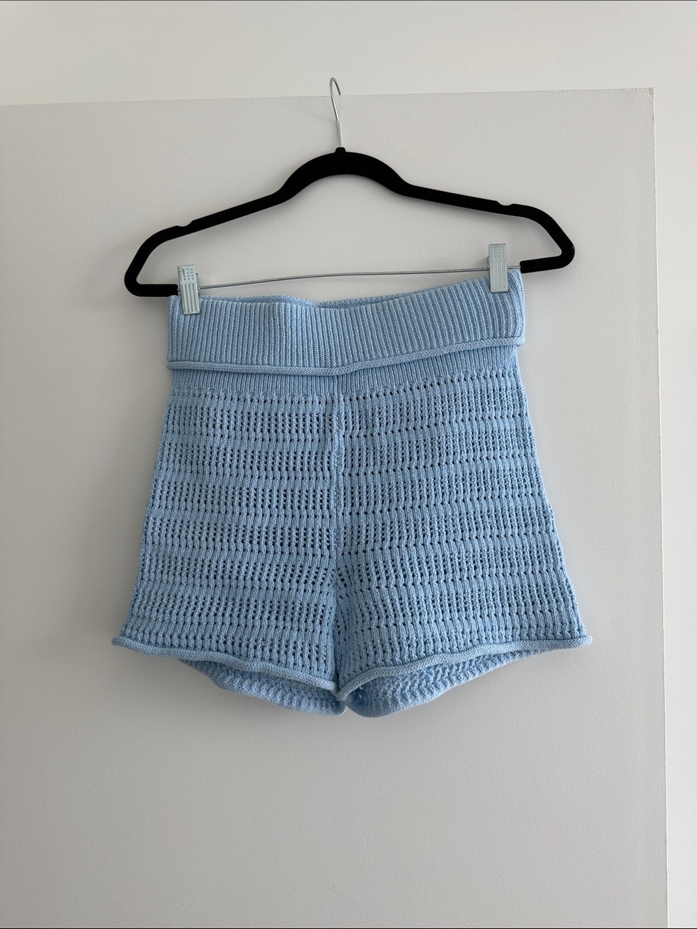 A.L.C. Light Blue Knit High-Waist Crochet Shorts